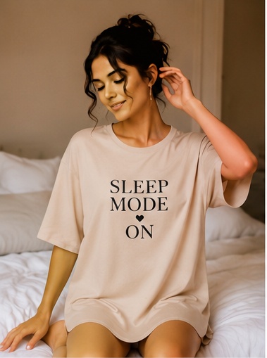 Women’s Beige “Sleep Mode On” Printed Oversized Sleep T-Shirt